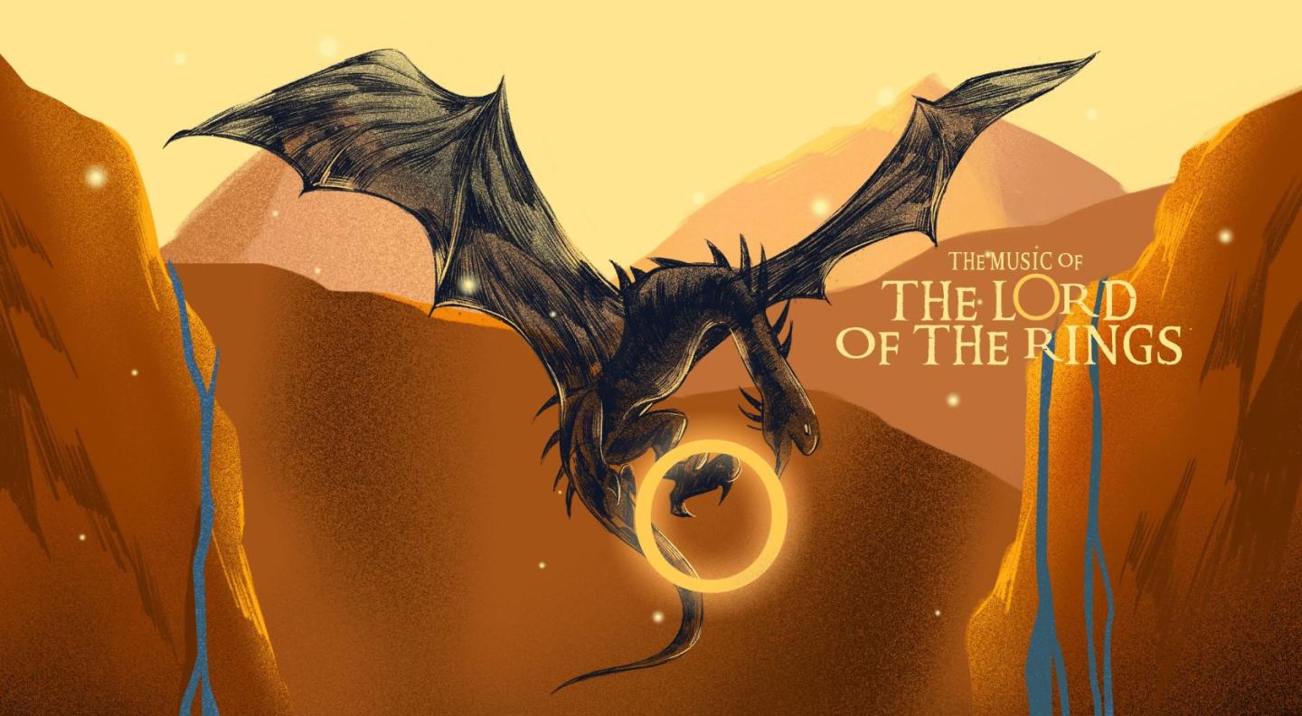 An image of a dragon holding a ring with the text 'The Music of the Lord of the Rings' on the right hand side
