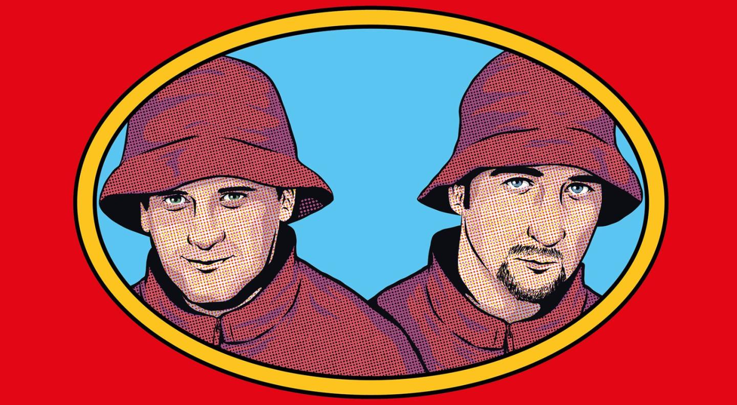 A cartoon, pop art style image of Mark and Lard wearing red bucket hats