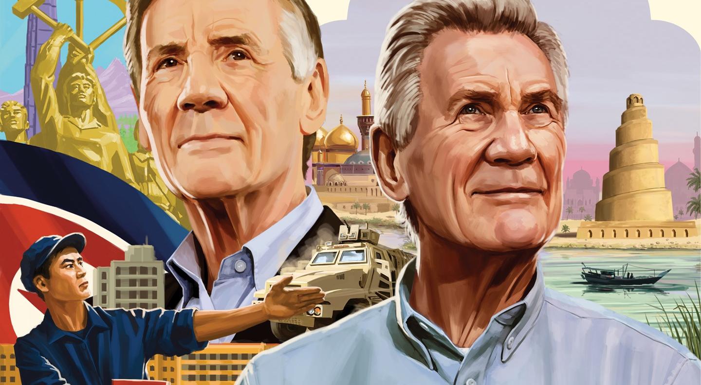 An illustrated Michael Palin, painted against a backdrop of Iraq and North Korea