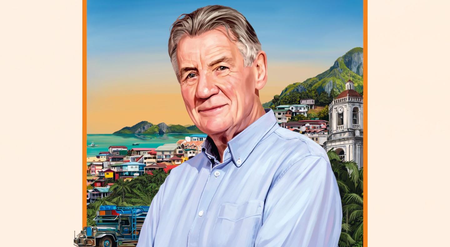 A stylized image of Michael Palin infront of a background of a Phillipean town