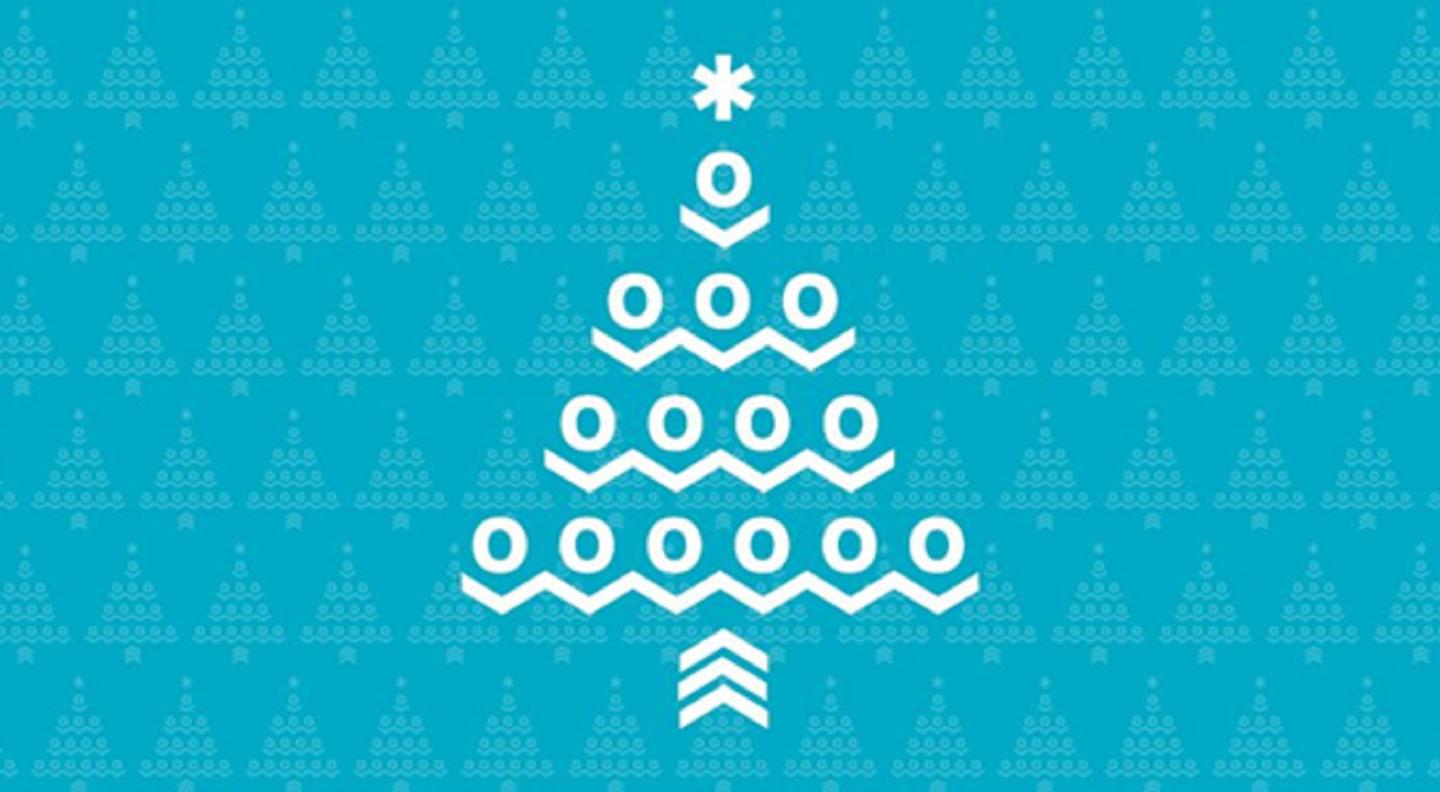 A representation of a Christmas tree made up of white circles and zigzagging lines against a teal background with the same tree image repeated lightly across the background