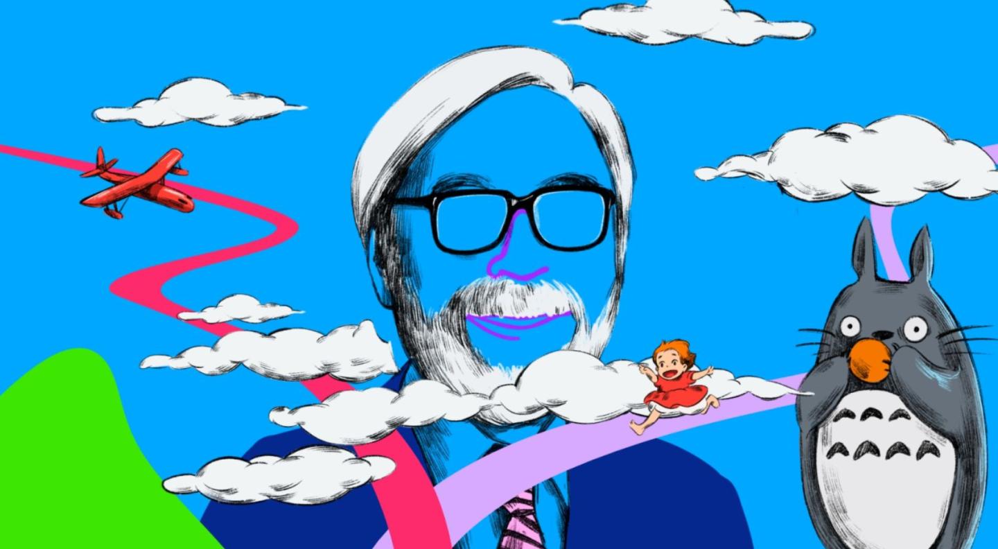 A cartoon style illustration of Miyazaki and some of the characters he created