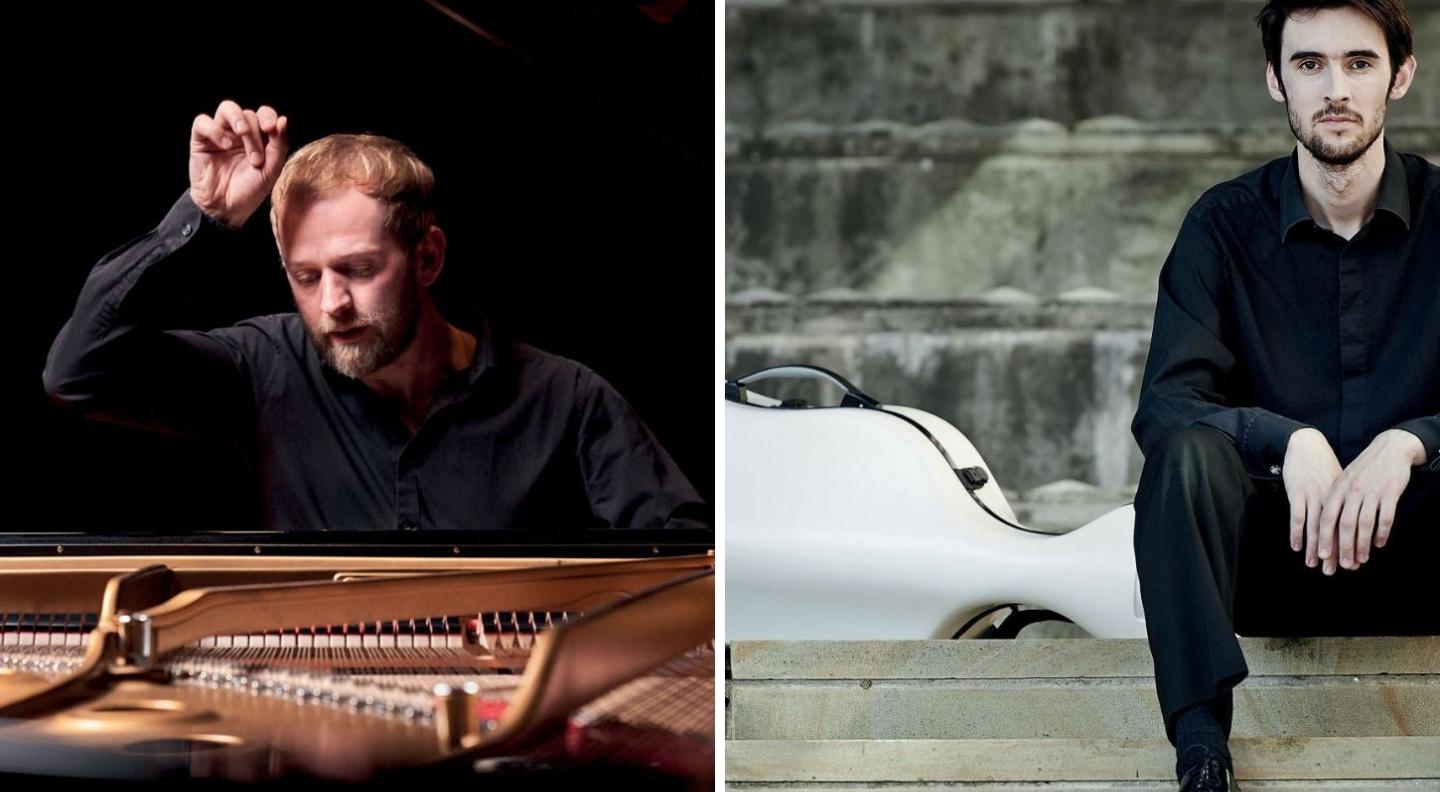 Alasdair Beaton sits at a piano with one hand raised ready to play. In a separate image, Philip Higham sits on a step outdoors with his cello case lying next to him