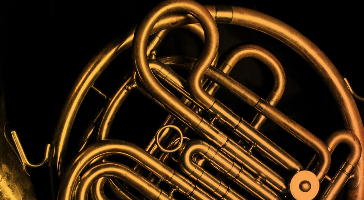 A sepia-toned close-up of part of a French horn