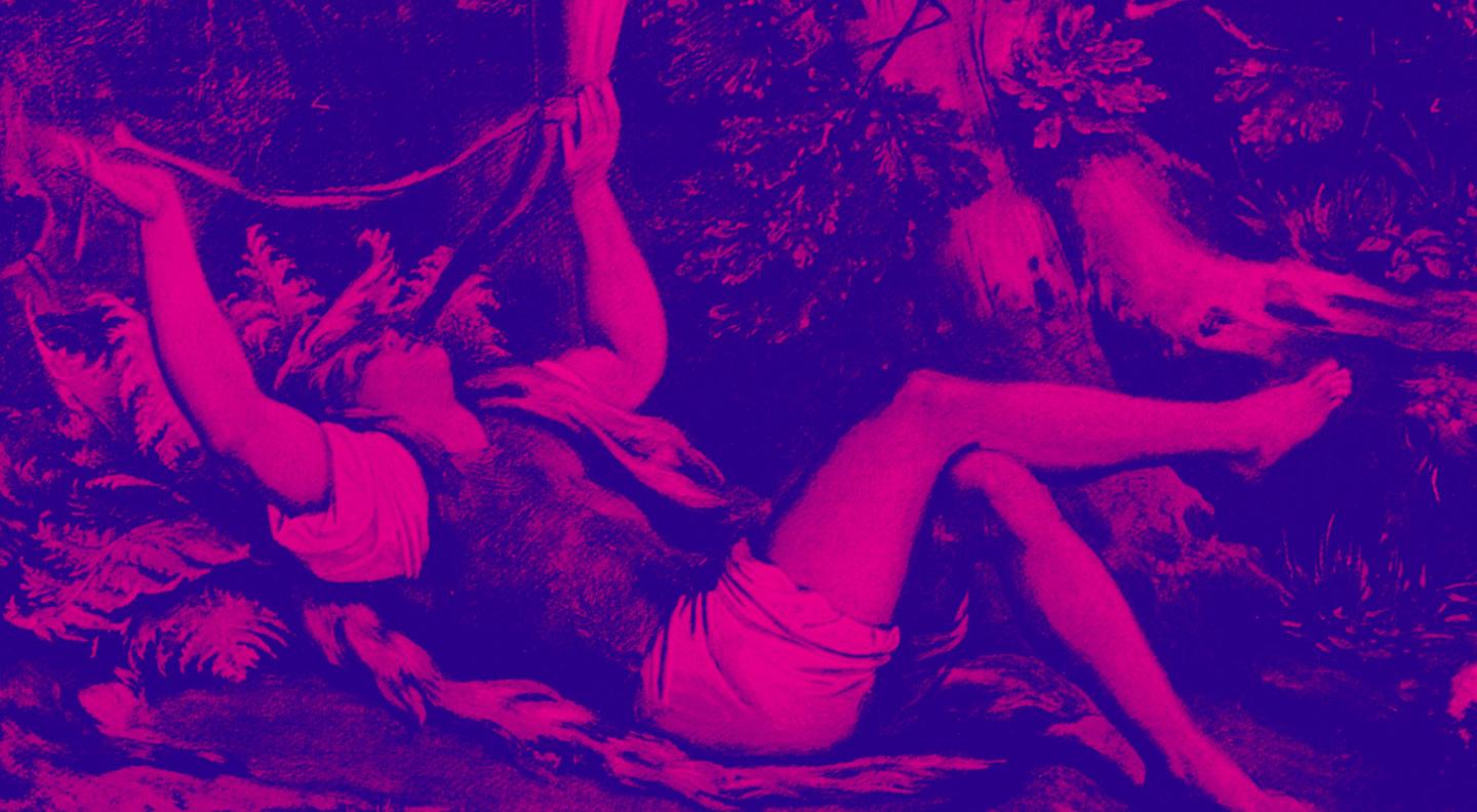 A bright blue and pink lithograph copy of a classical painting showing a peasant lying on their back in a wood drinking from a long cup