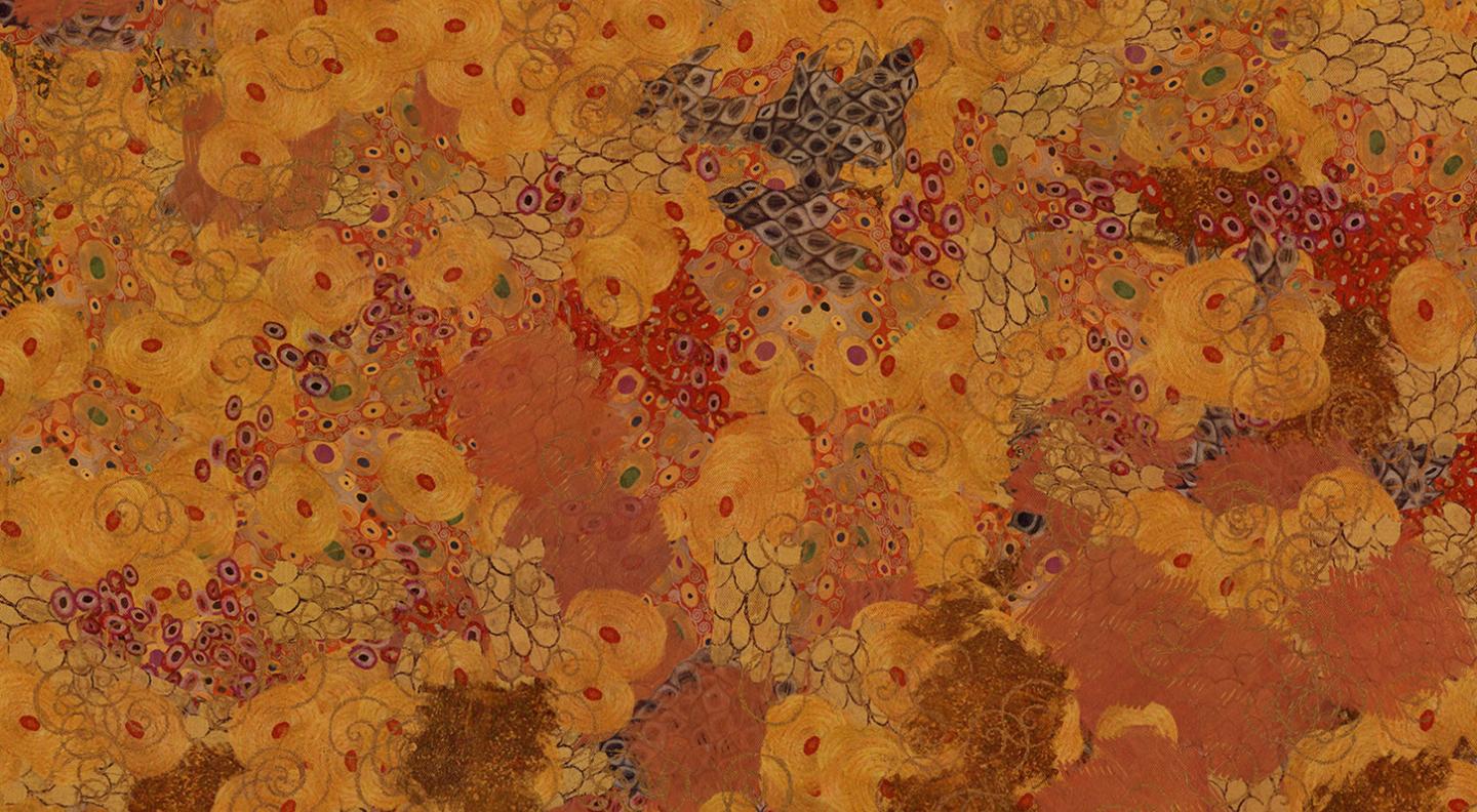 An abstract image of swirling golds, reds, blacks and greens which looks like a close up of a Klimt painting