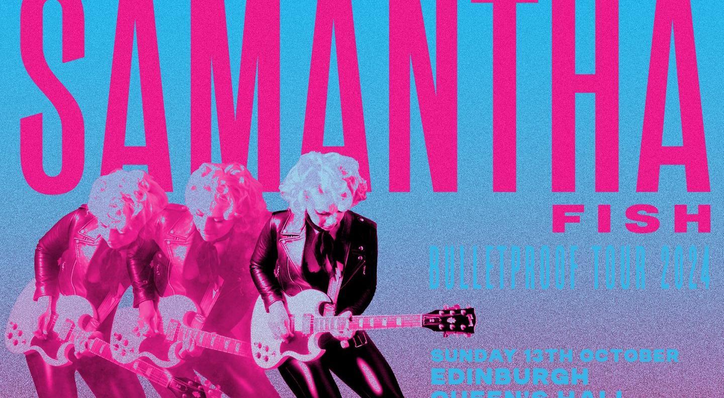 A blue and pink poster style image, with Samantha Fish playing guitar on the left hand side. Text reads: Samantha Fish, Bulletproof tour