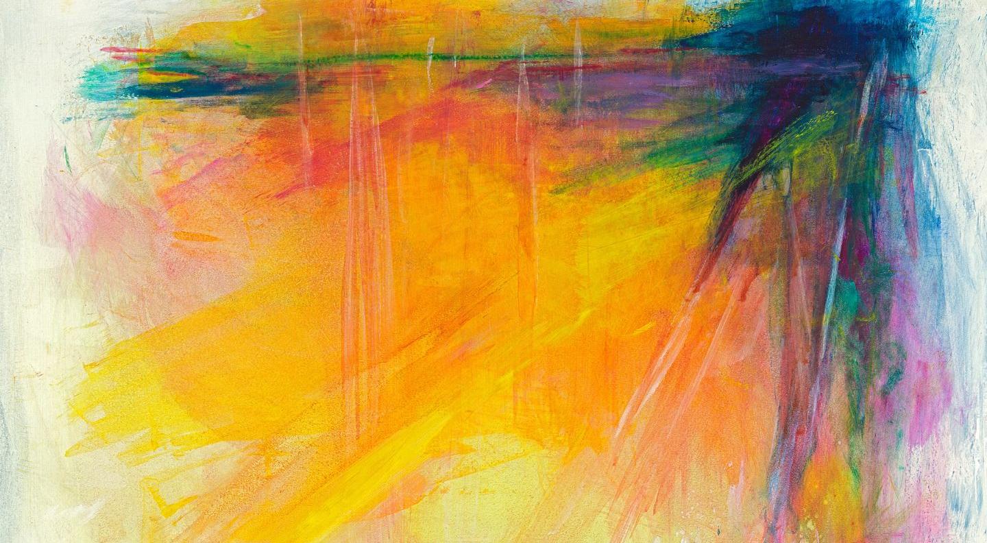 An abstract painting in shades of orange,  green and yellow