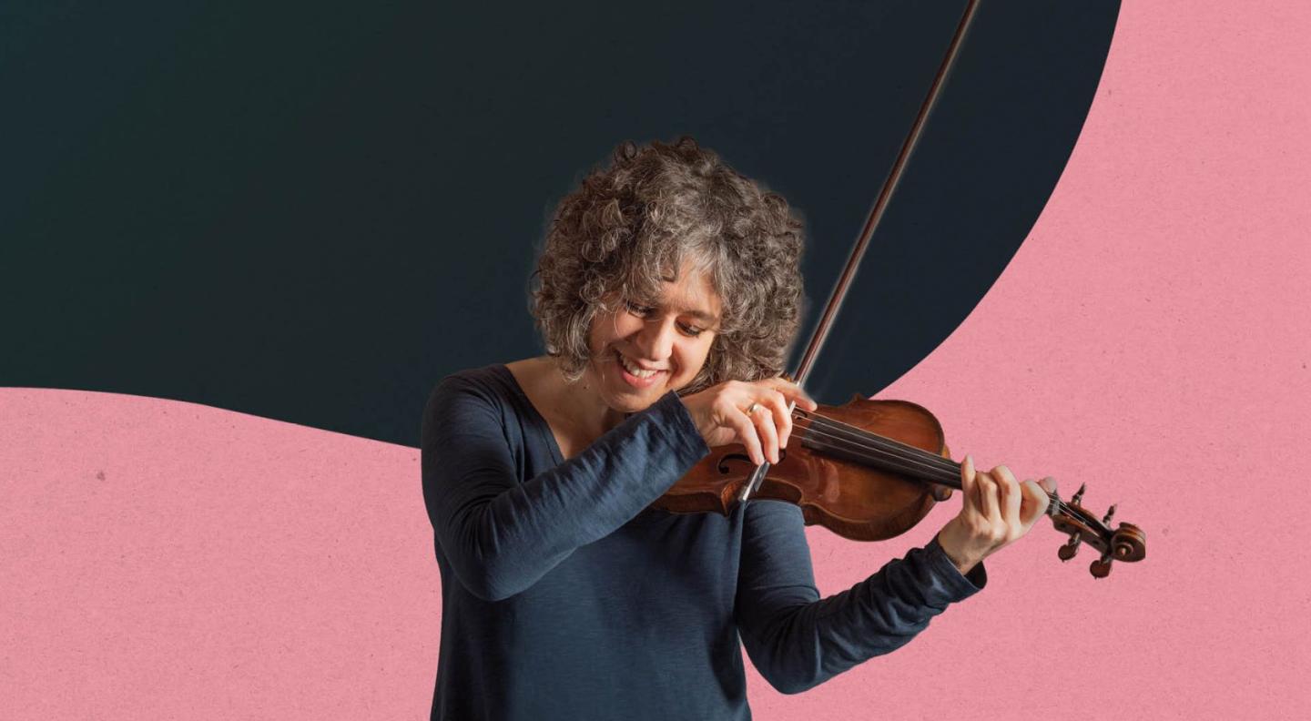 A violinist playing their instrument in front of a wavy pink and green background