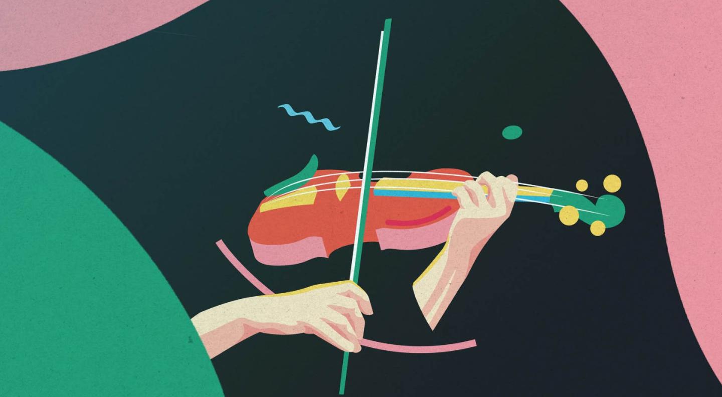 A cartoon image of a violin being played against a dark background with green and pink shapes.