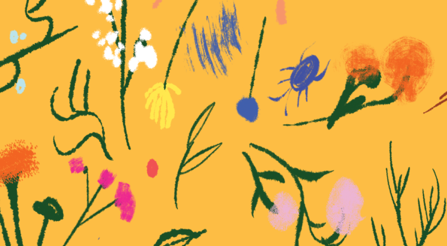 Illustrated flowers against a yellow backdrop