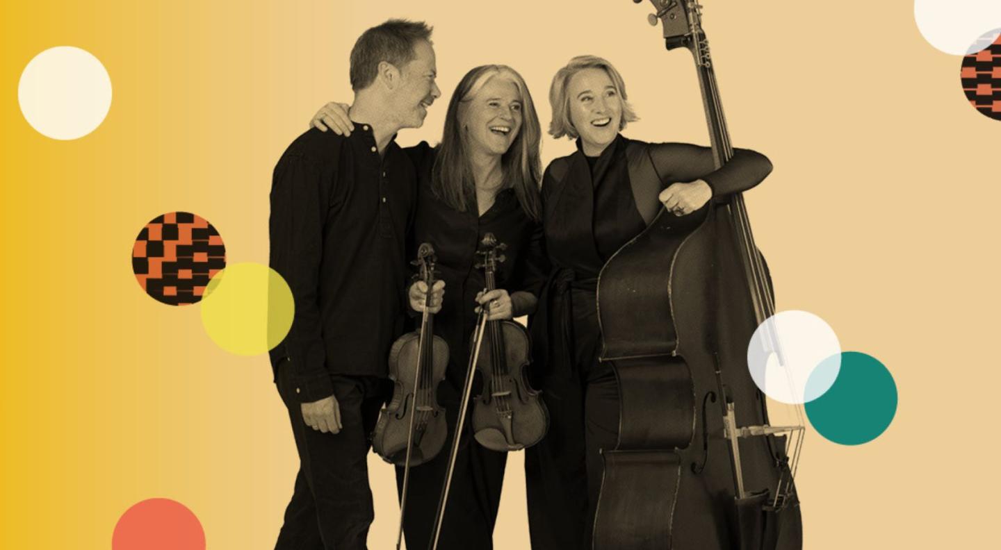 An image of three musicians smiling with their arms around each other with a yellow overlay with coloured circles on it