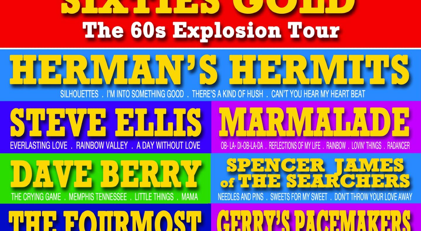 A multicoloured poster listing all the artists performing at sixties gold