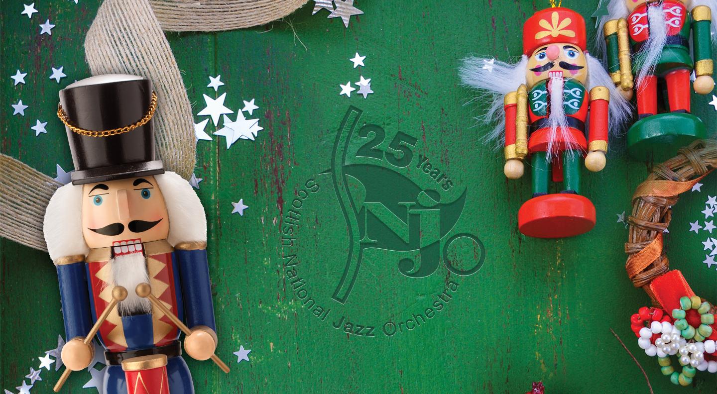 A green background with brightly coloured wooden nutcracker figures lying on it surround by ribbons and baubles. The SNJO 25th anniversary logo is in the centre of the image