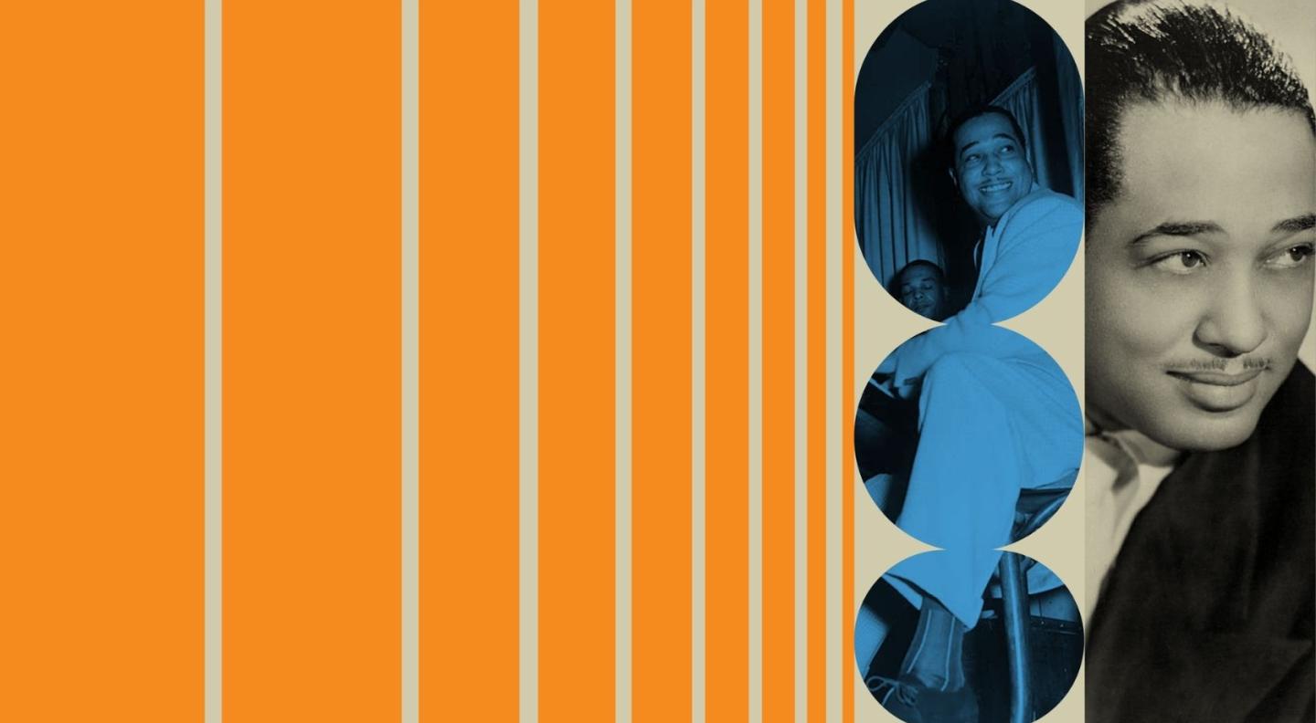 An orange striped background with images of Duke Ellington on the right hand side