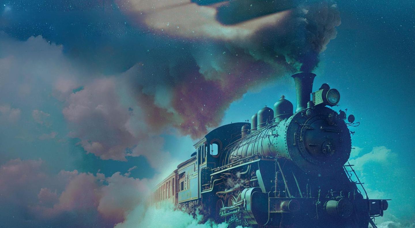 An image of a steam train against a blue starry background