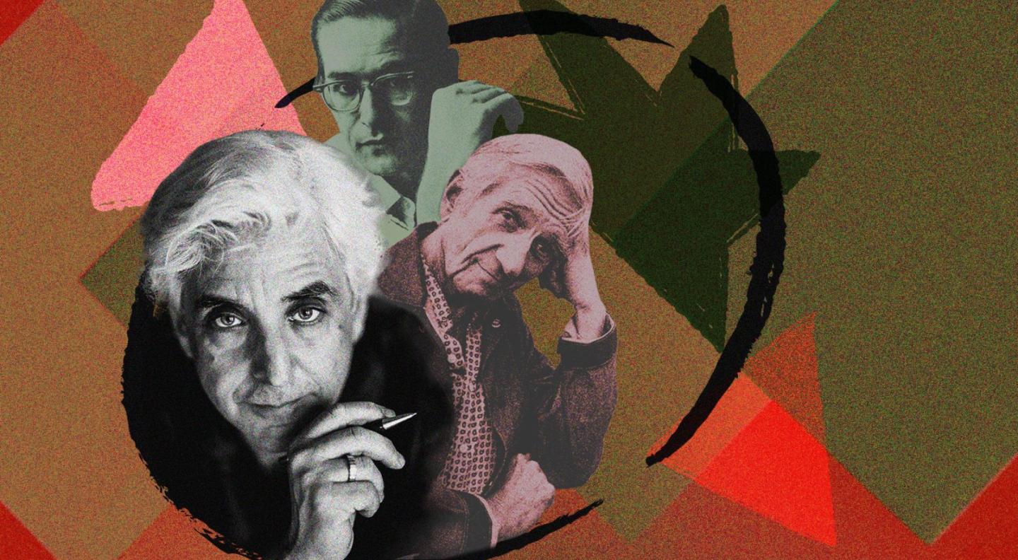 An image with geometric shapes in the background and photographs of Gil Goldstein, Bill Evans and Gil Evans