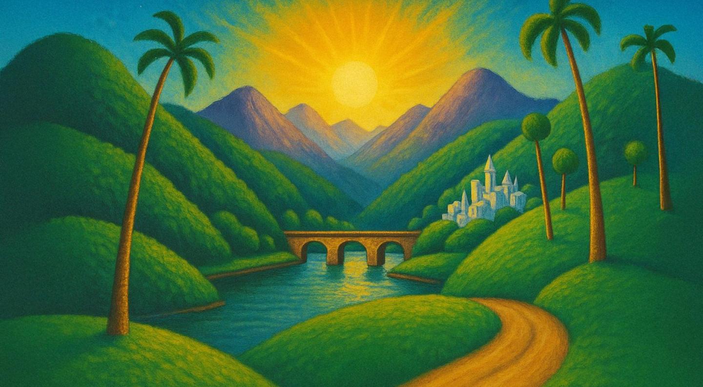 A cartoon image of a landscape, with green rolling hills and a setting sun in the background. There are two palm trees in the foreground