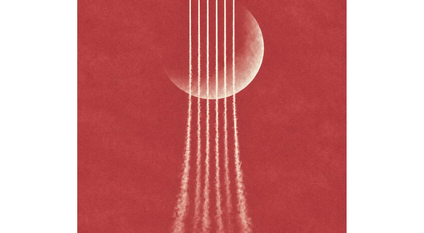 A graphic of a crescent moon against a red background