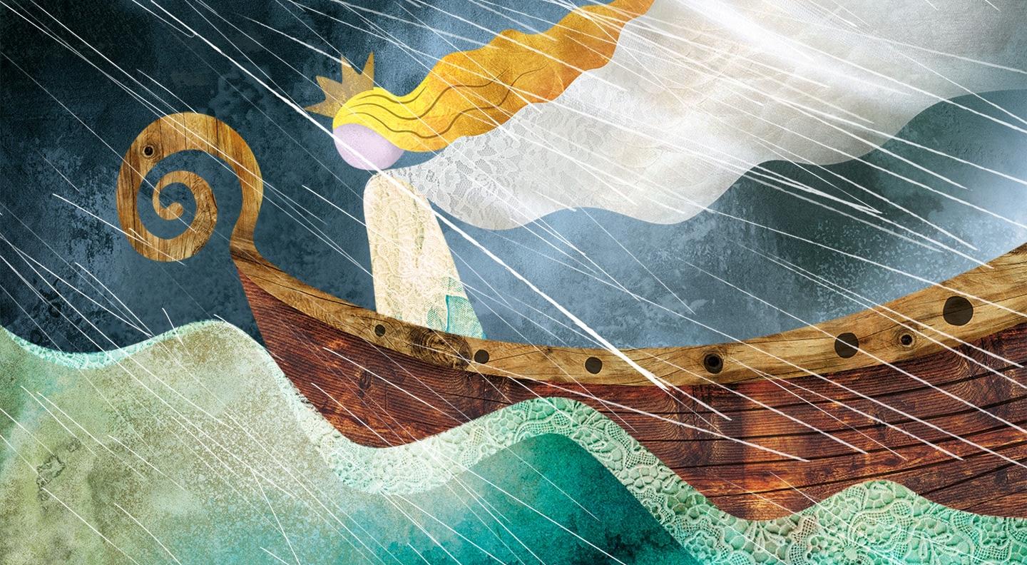 The Stirling Queen artwork by Helen Wylie showing a woman with long blonde hair in a boat on the sea