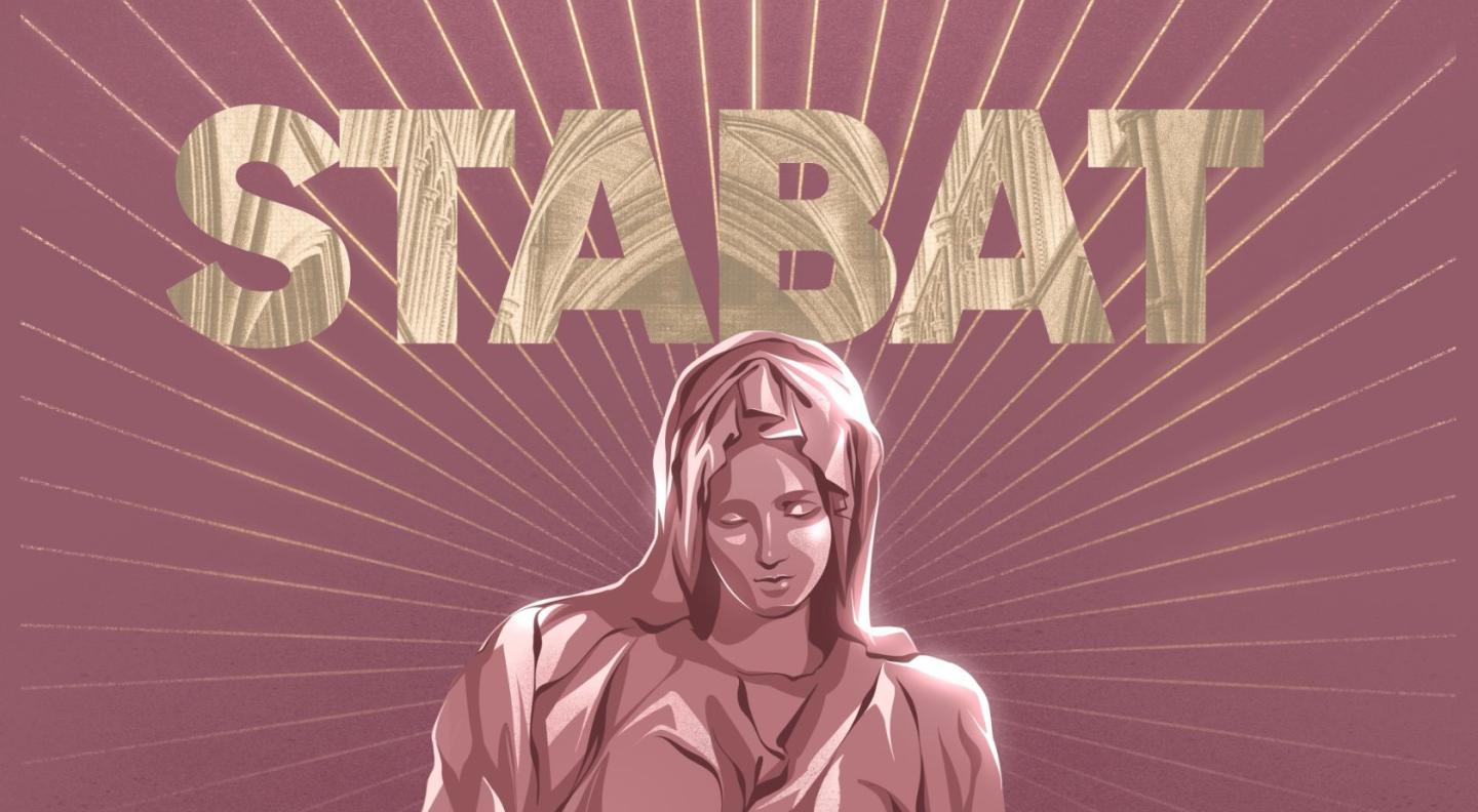 A stylised image of a robed figure against a pink background