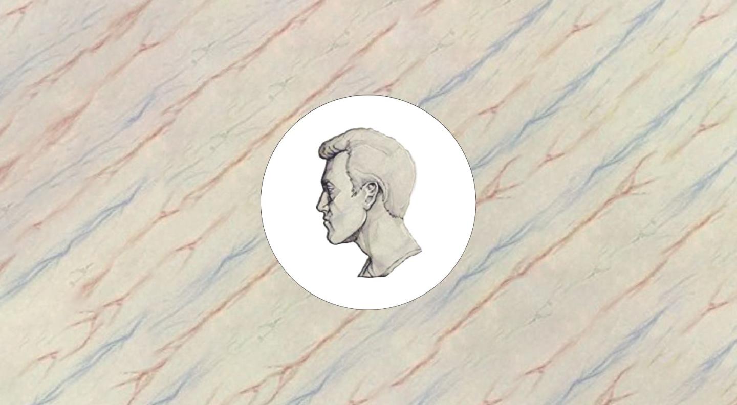 A side profile outline drawing of a head on a marbled background