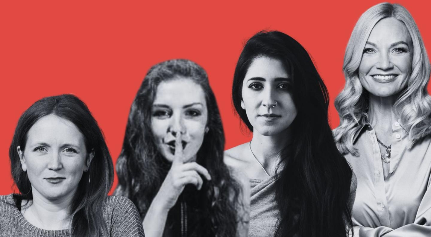 Headshots of Hollie McNish, Donna Ashworth, Nikita Gill and Len Pennie against a red background