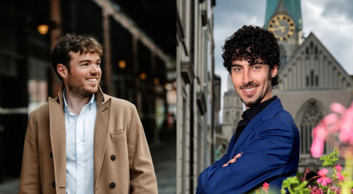 A photo of Timothy Ridout wearing a brown jacket smiling while looking away from the camera, beside a separate photo of Federico Colli wearing a blue shirt, standing in front of a grand looking building with his arms crossed.