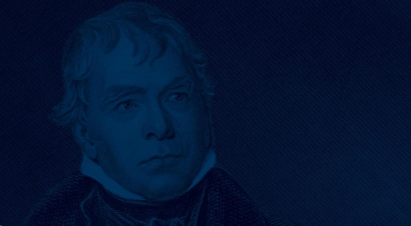 An artist's drawing of Walter Scott washed with a dark blue hue