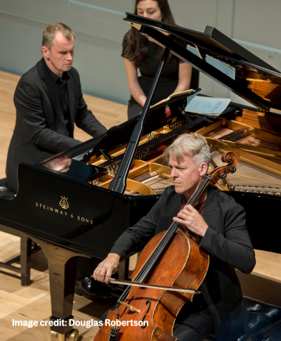 Steven Osborne and Alban Gerhardt - both white men - play the grand piano and cello on The Queen's Hall stage.