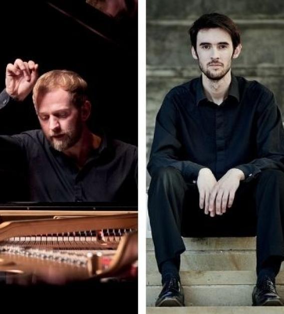 Alasdair Beatson at the piano and Philip Higham sitting on a step outside looking at the camera