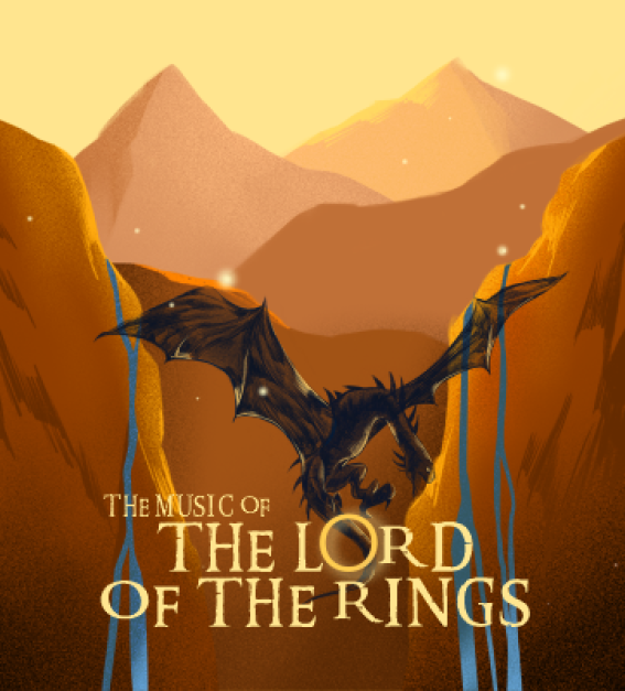 A drawing of a dragon with some mountains in the background