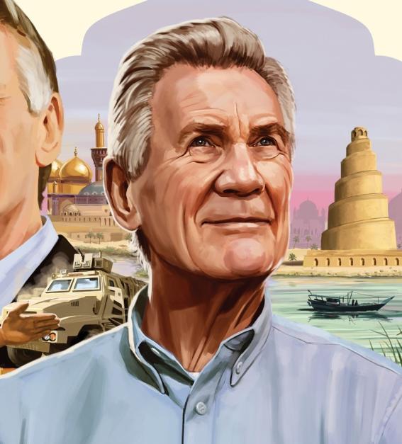 An illustrated Michael Palin, painted against a backdrop of Iraq and North Korea