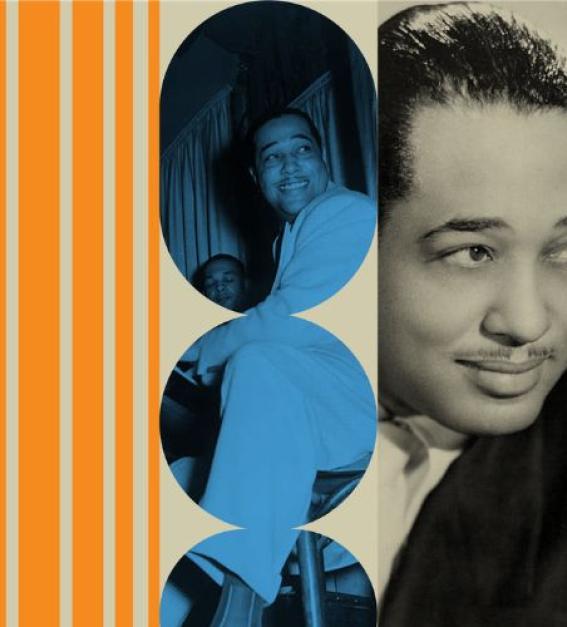 An orange striped background with images of Duke Ellington on the right hand side