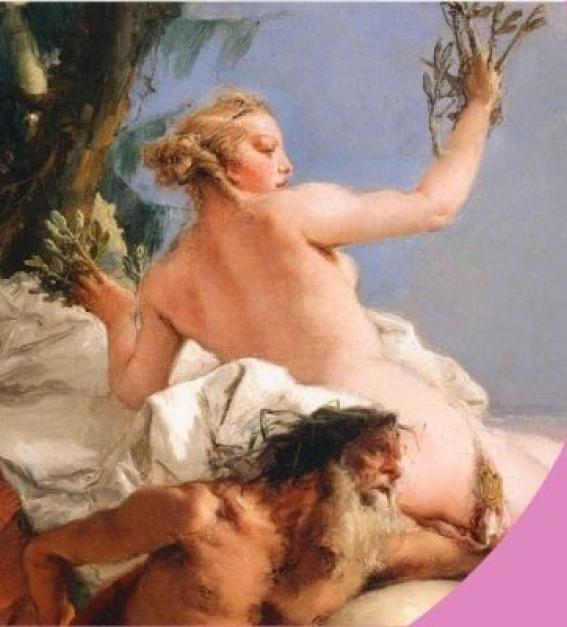 A classical painting of a semi-clad woman and a man who looks like a god