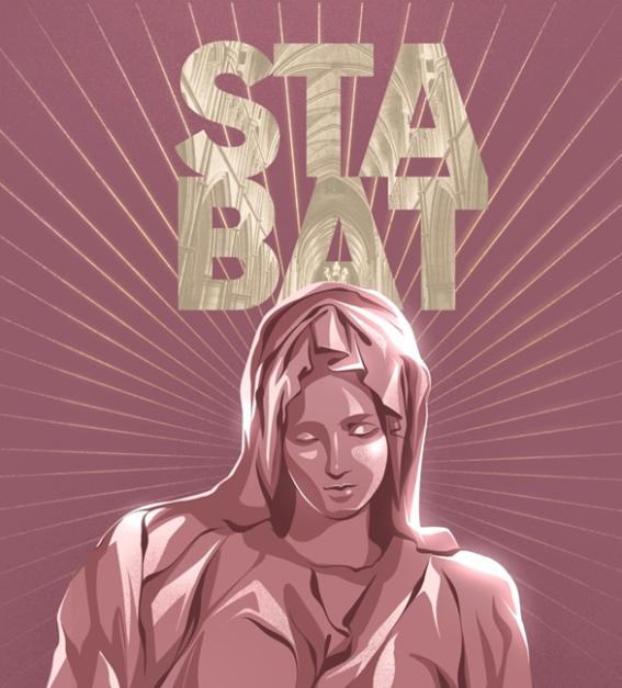 A stylised image of a robed figure against a pink background